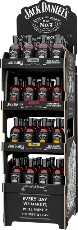 Wooden plywood display stand showcasing a selection of whisky bottles, with a clean and minimalistic design that emphasizes the bottles' labels and branding